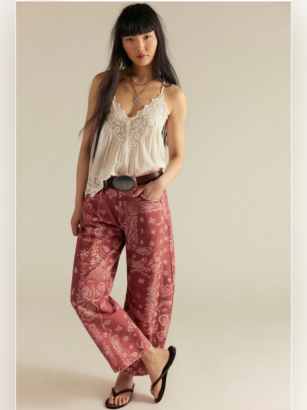 Free People We The Free Good Luck Printed Barrel Jeans Bandana Block - 29 - Picture 12 of 14